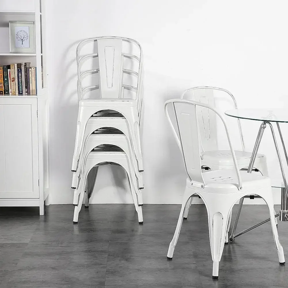 Metal Kitchen Dining Chairs Indoor-Outdoor Distressed Style Stackable Side Coffee Chairs in Distressed White, Set of 4