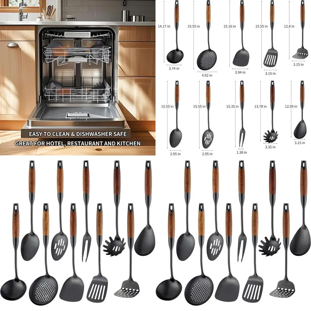 

10-Piece Stainless Steel Kitchen Tools with Wooden Handles: Spatula, Spoon, Ladle, Skimmer, Turners, Pasta Fork