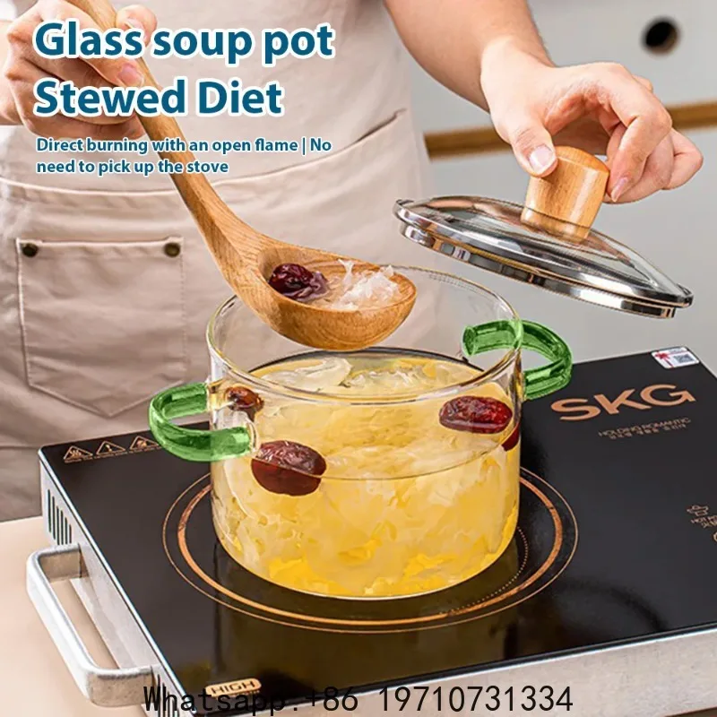 1.6L Transparent Double-handled Soup Pot Glass Health Cooking Pot Heatable on Electric Ceramic Hob Instant Noodle Bowl Tools