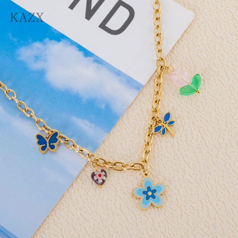

KAZX colorful Enamel Butterfly Dragonfly Pendant Necklace Women's Novel Chic Neck Chain Holiday Gifts