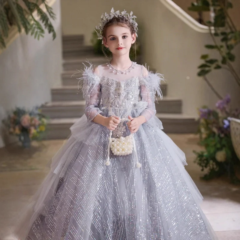 New high-end luxury sequin and pearl princess dress for girls, suitable for young hosts' performances and evening events
