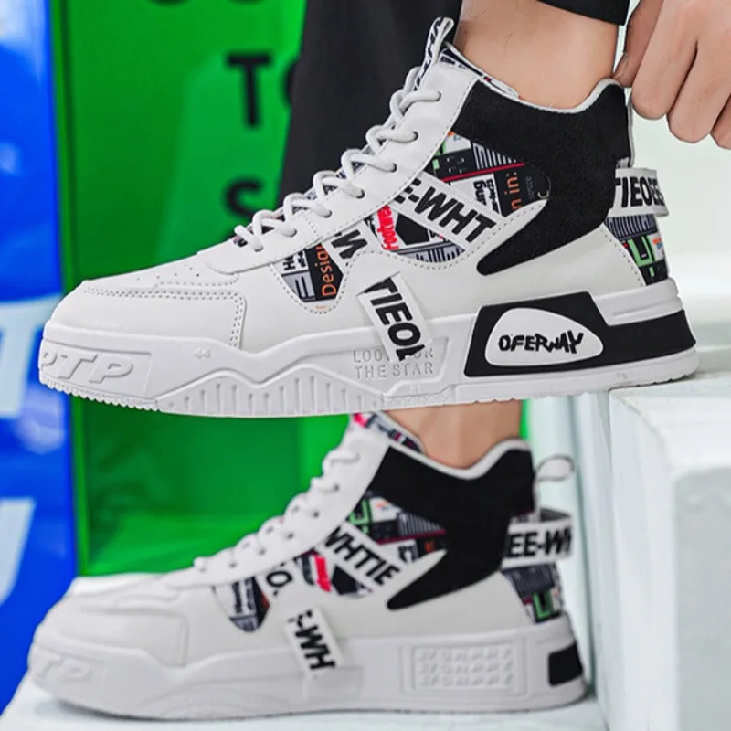 Men\'s High Top Sneakers Fashion Leather Casual Ankle Boots Street Skateboard Shoes for Men Lace Up Platform Shoe Tenis Masculino