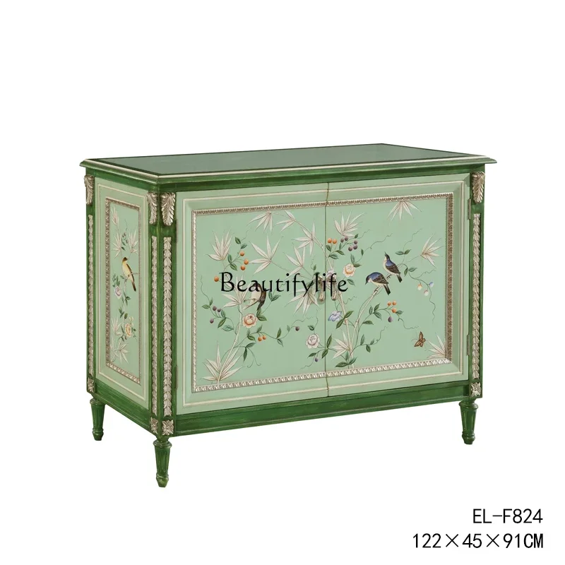 

09French Style Solid Wood Artistic Painted Bird Floor Storage Cabinet Living Room Decorative Entryway Cabinet