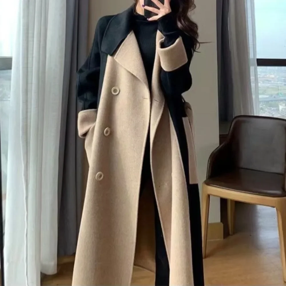 Women Autumn Winter Double-faced Cashmere Blends Long Style Elegant Patchwork Woolen Overcoat High Street Slim Sashes Outerwear