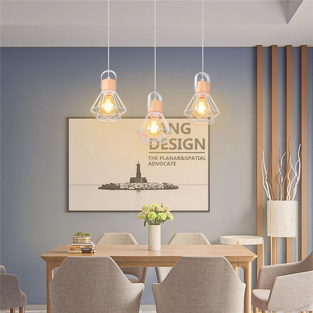 

Industrial-style Black/White 3-head Pendant Lamp Modern Wooden Iron Cage Hanging Lamp Retro Attic Room Corridor Lighting Fixture