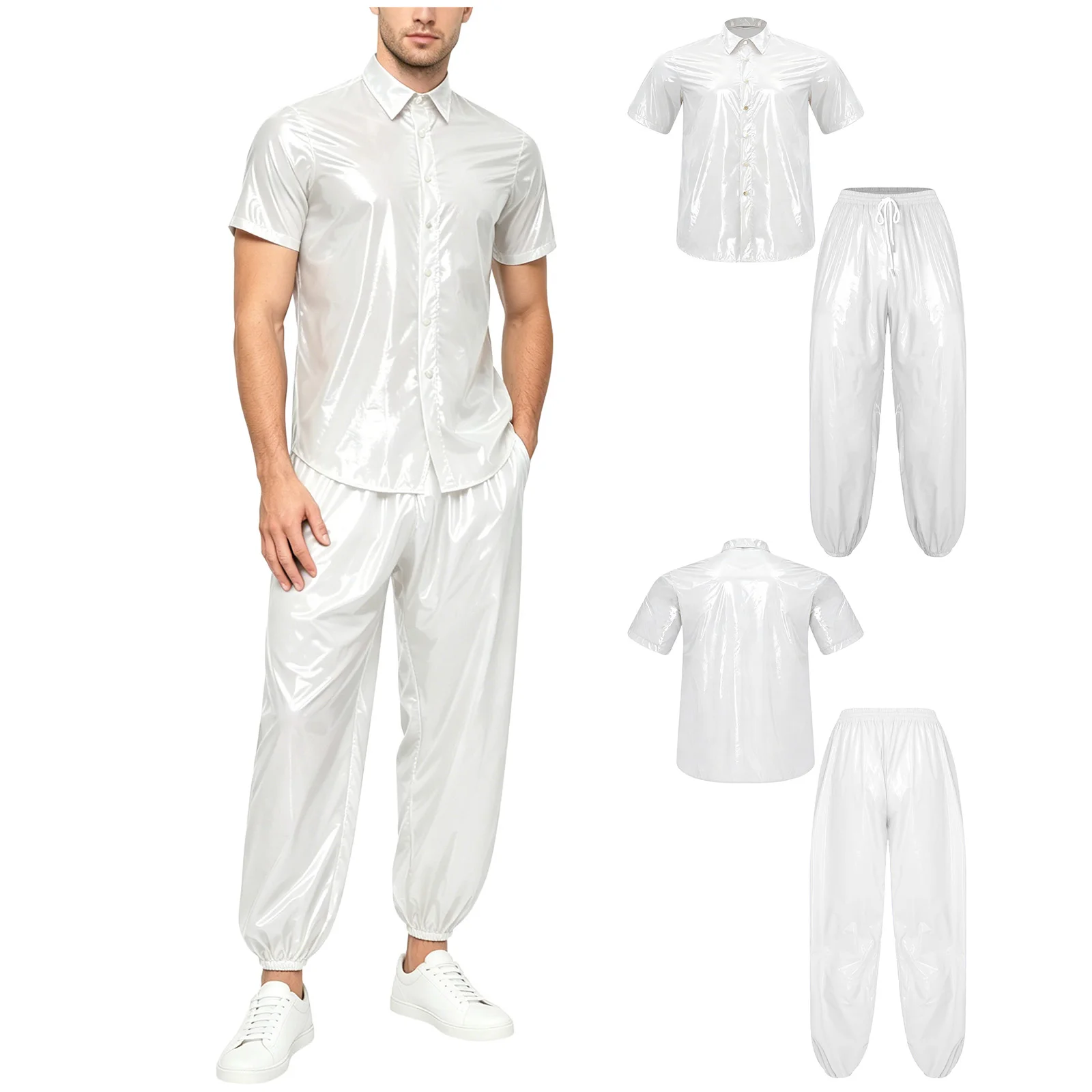Men Glossy Waterproof Shirt Short Sleeve Tops Drawstring Pants Raincoat Clubwear Camping Fishing Hiking Cycling Clothes Clubwear