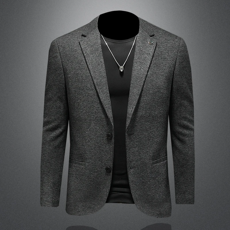 

Мужской приталенный повседневный костюм в полоску, осень 2025, модный деловой и повседневный стиль, смесовая ткань из шерсти и полиэстера