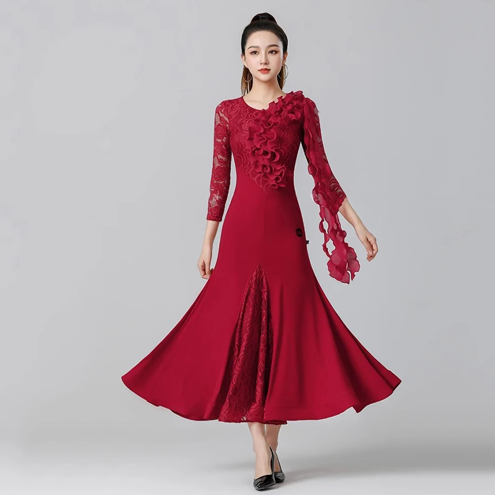 High-end International Modern Dance Competition Dress Ladies Luxury Party Dress Lace Long Sleeve Lotus Leaf Lace Dance Dress