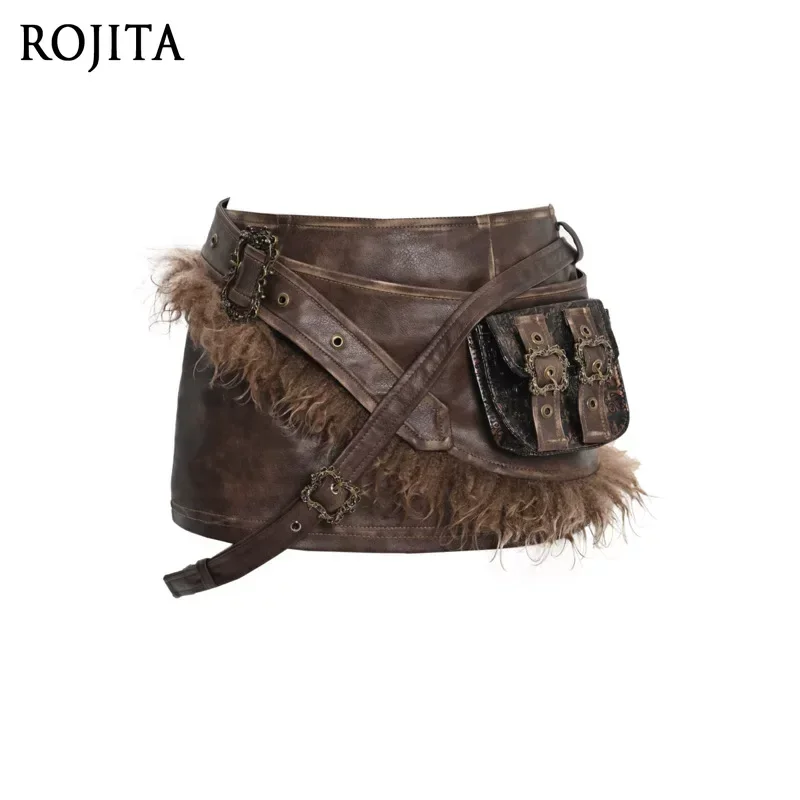 Vintage Distressed Faux Leather Skort Set Women Steampunk Fur Trim Mini Skirt with Detachable Waist Pack and Cross Strap Belt