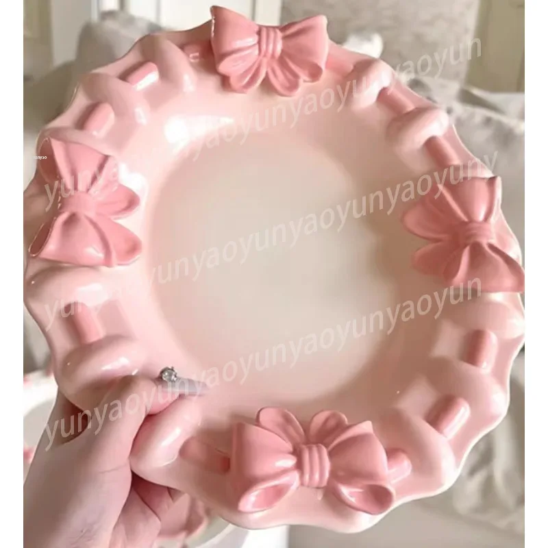 

French Embossed Porcelain Dessert Plate, Vintage Bow Pattern Cake Salad Dish, Romantic Floral Ceramic Gift for Women