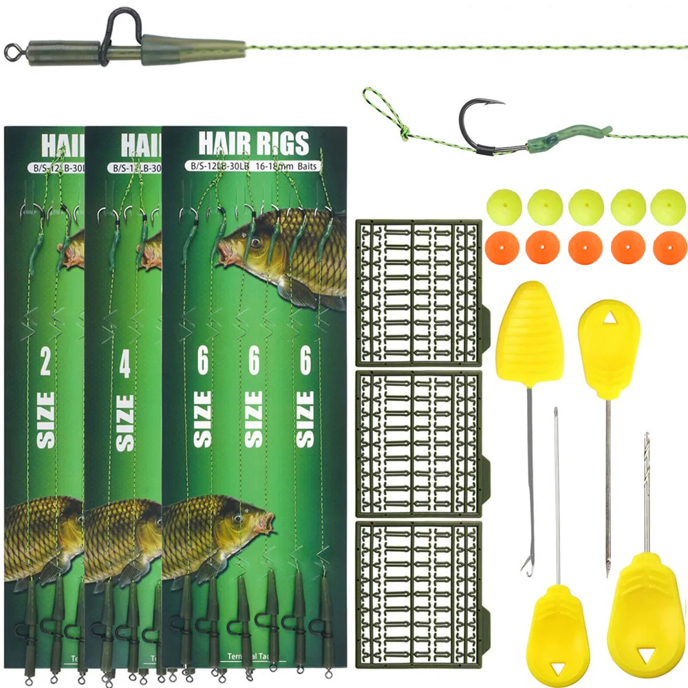 35Pcs Carp Fishing Rigs Pre tied carp hooks with Boilies Bait Stops Carp baiting Needle Tool Kit for Carp rigs Terminal Tackle