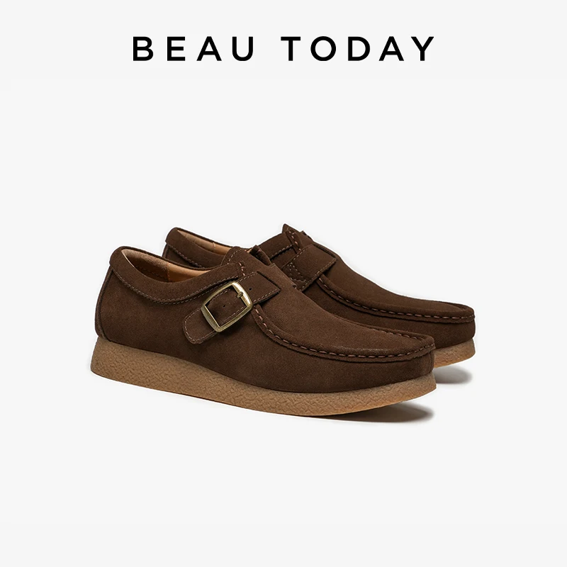 

BEAUTODAY Loafers Men Cow Suede Leather Round Toe Buckle Decoration Slip On Casula Male Flat Shoes 55055