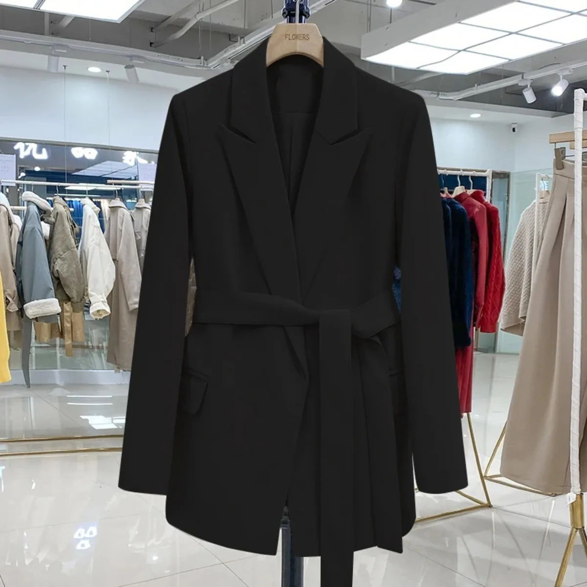 FTLZZ Office Lady Lapel Sash Tie Up Black Blazer Elegant Female Long-sleeve Solid Blazer with Belt