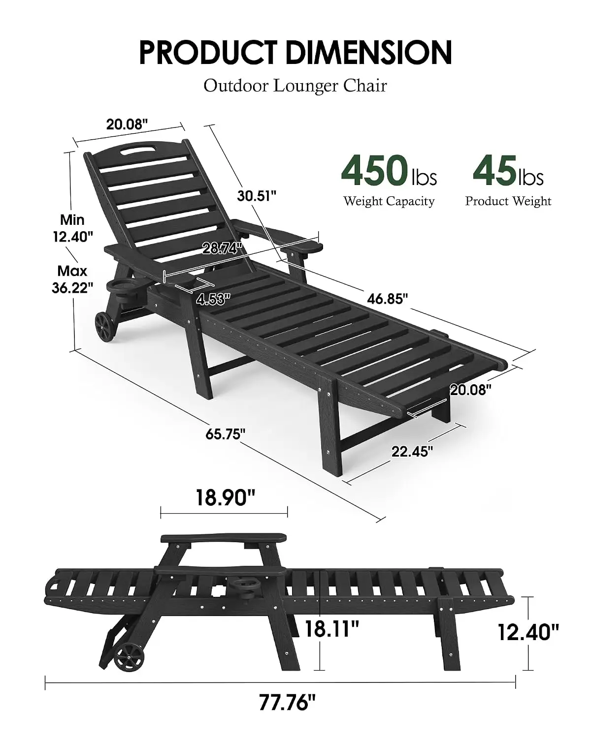 HDPE Outdoor Chaise Lounge Chair Set of 2, 77.8