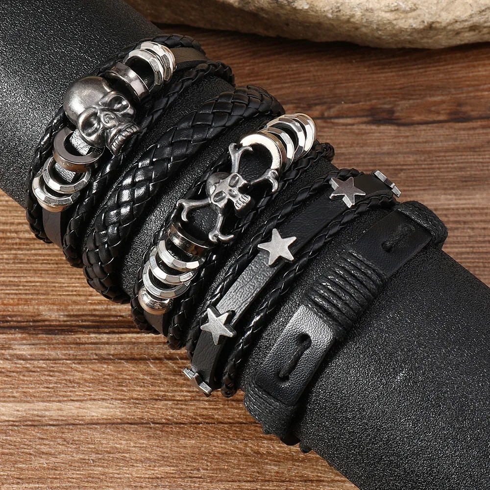 5pcs Punk Style Woven Leather Bracelets For Men Hip Hop Five Pointed Star Skull Men\'s Lace-Up Bracelet Set Gifts For Friend