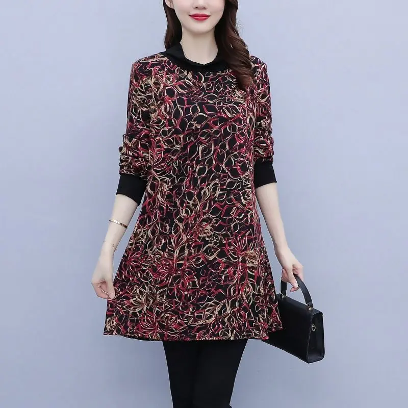 

Casual Fashion Printing Mini Dress Autumn Winter Women's Clothing Elegant Vintage Half High Collar Thick Long Sleeve Dresses