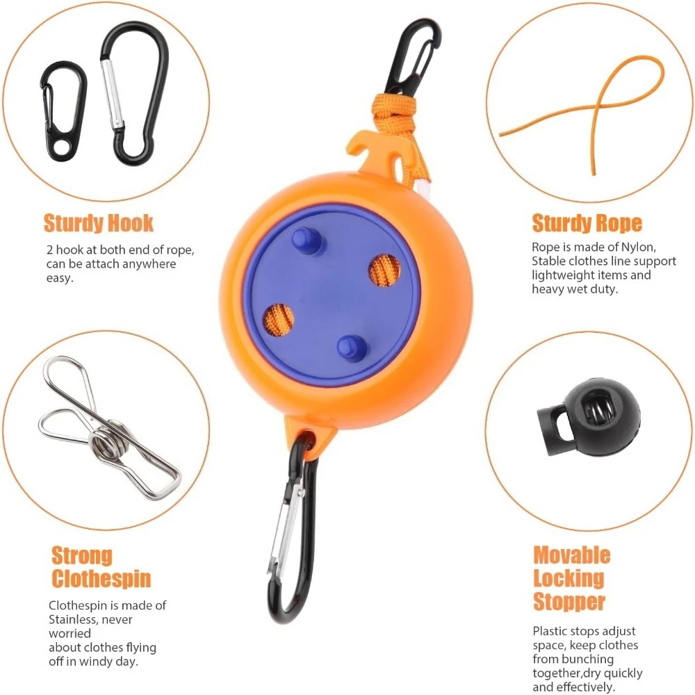 10M Einziehbare Wäscheleine für Outdoor, Tragbare Reise- und Camping-Wäscheleine mit Karabinerhaken, Wander- und Outdoor-Gadgets – Detail 2