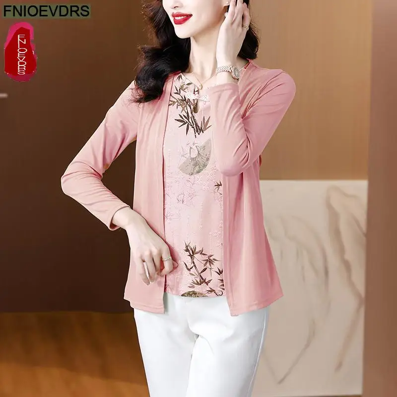 Retro Vintage Fake Two Piece Tops New Design Women Autumn 2024 Fashion Office Lady Elegant Pink Green Patchwork Shirts Blouses