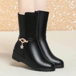 Woman Winter Warm Plus Fleece Snow Wedge Heel Boots Pu Leather Boots Flat Bottom Middle Tube Mother Comfort Cotton Shoes