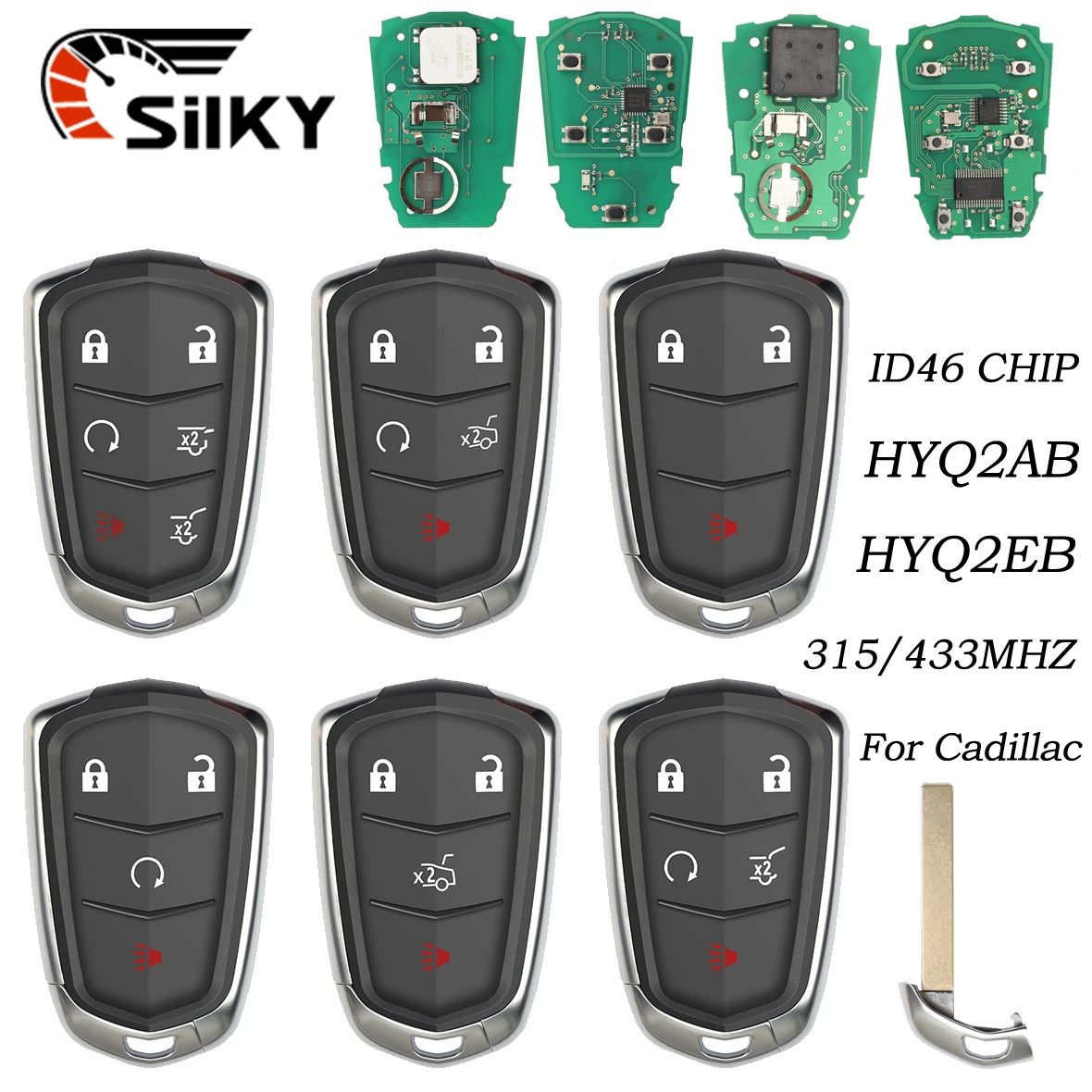 Silky chave de controle remoto do carro para cadillac escalade srx xts esv ats cts hyq2ab 315mhz hyq2eb 433mhz id46 pcf7937e cartão