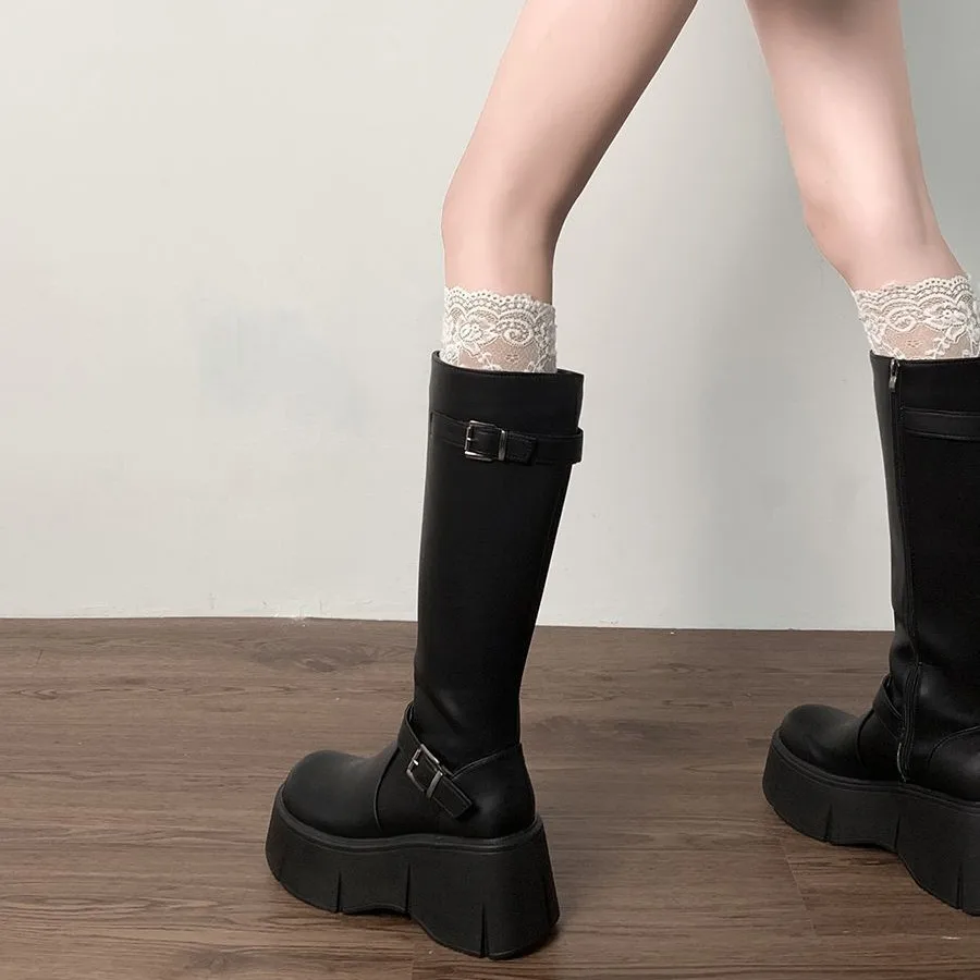 New Women Motorcycle Boots Wedges Flat Shoes Woman High Heel Platform PU Leather Boots Lace Up Women Shoes Black Boots Girls2021