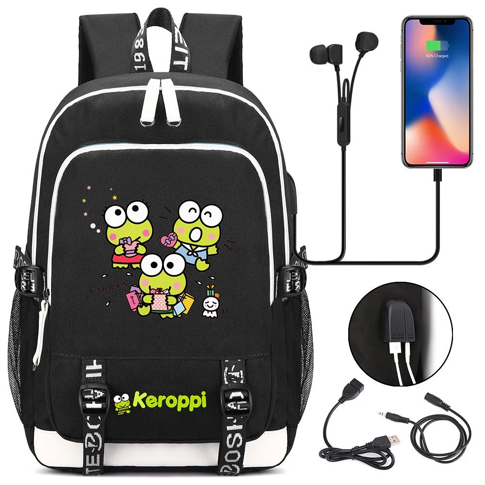 

Модные рюкзаки Sanrio Kerokero Keroppi, подростковый рюкзак для ноутбука с зарядкой через USB, рюкзак для мальчиков и девочек, дорожная сумка Mochila