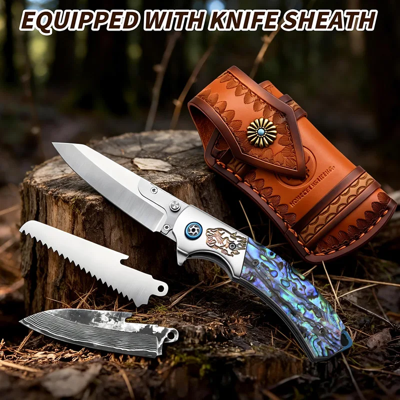 

Multifunctional Folding Knife - Interchangeable Saw Blade Hunting Pocket Knife with Ornate Leather Sheath EDC Tool for Outdoor Camping Survival