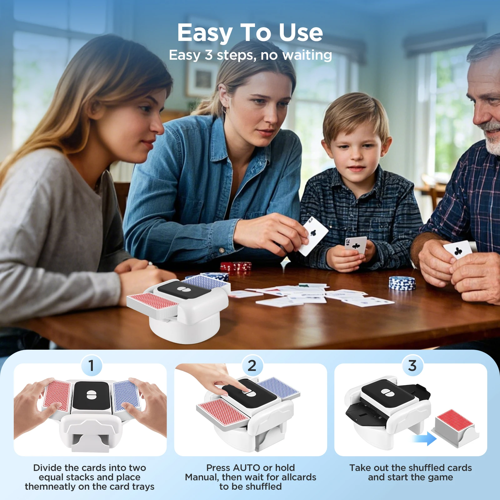 ماكينة خلط البطاقات الأوتوماتيكية القابلة لإعادة الشحن مكونة من سطحين، مربى سريع ومنخفض، ضوضاء منخفضة، مدمجة وخفيفة الوزن، ماكينة خلط البطاقات لـ UNO #6