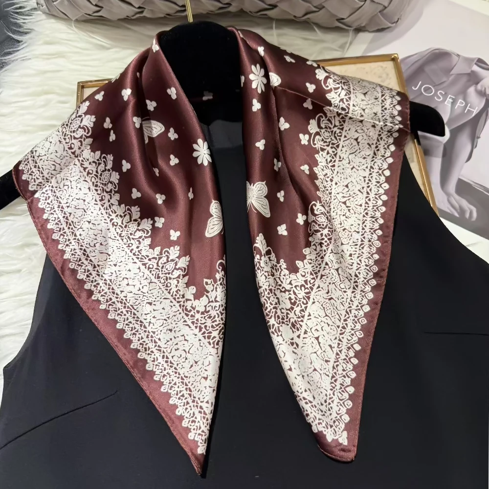 

New Light Coffee Women 100% Mulberry Silk Scarf Hijab Spring Fall Summer Butterfly Design Small Square Neck Scarves Neckerchief