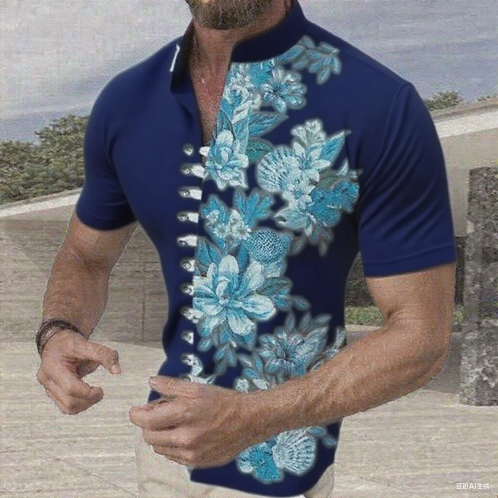 

New men's short-sleeved shirt 3D floral print casual comfortable breathable casual stand-collar shirt