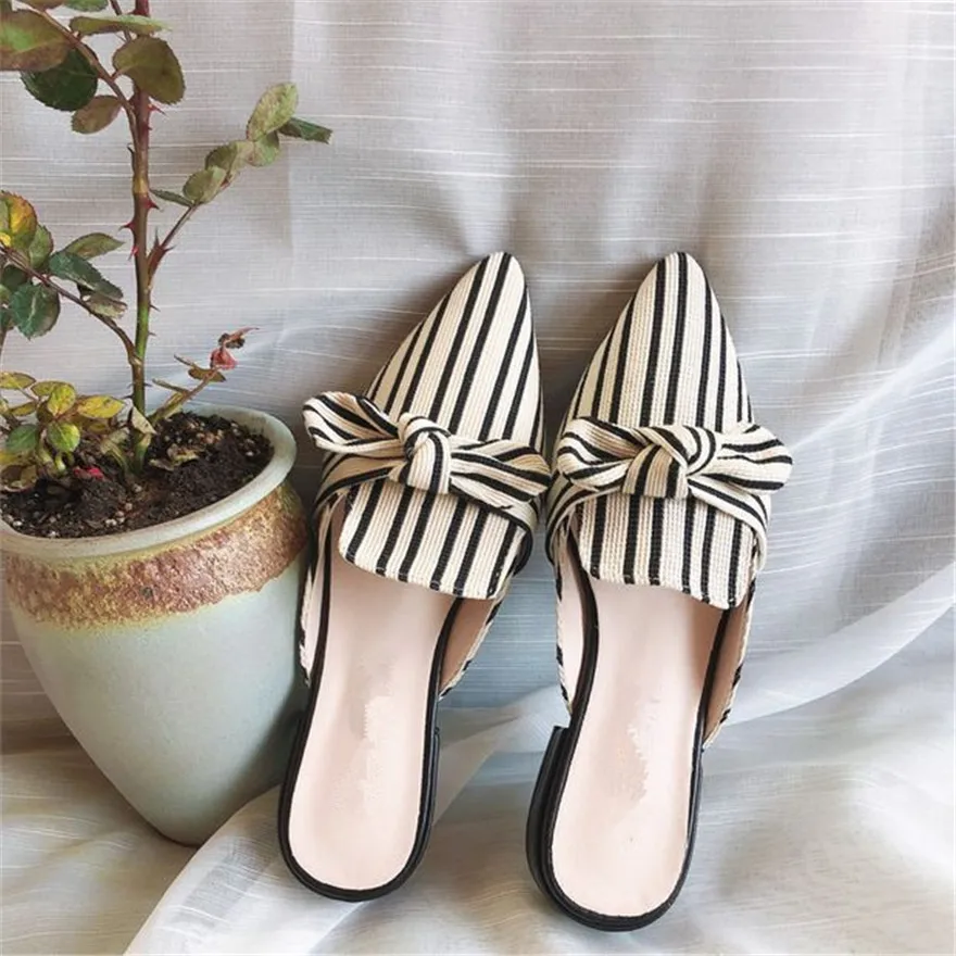 Kobieta moda Bowknot paski Muller buty szpiczasty nosek letnie kwadratowe wysokie obcasy klapki damskie kobiece rozrywka klapki 34-42