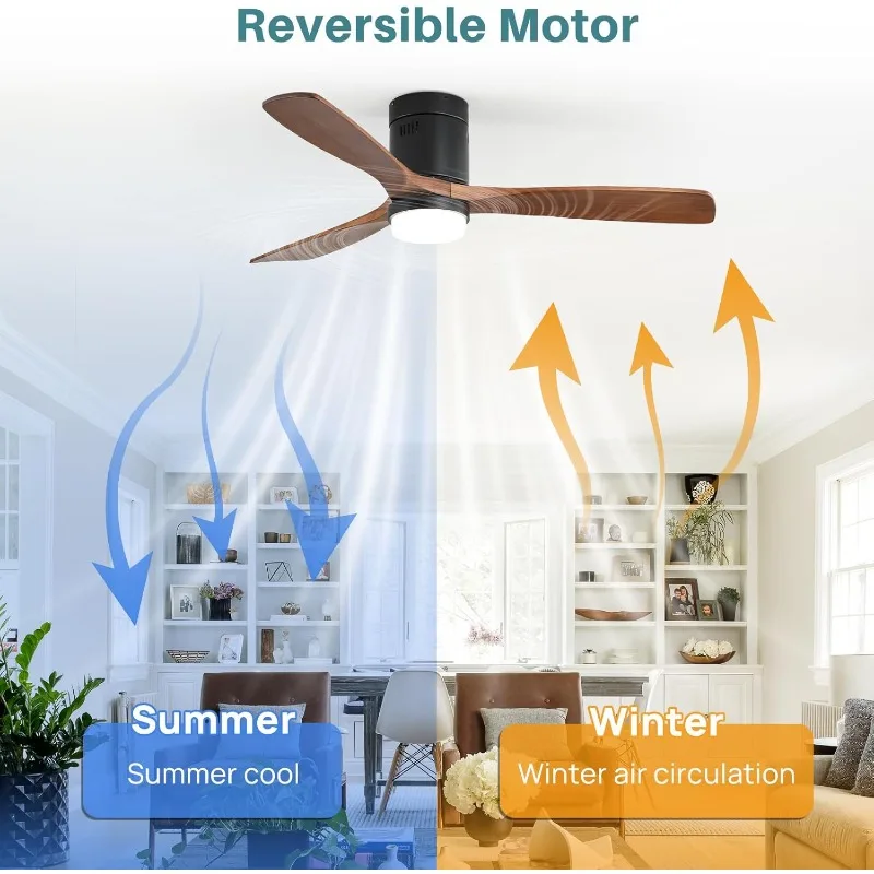 Ceiling Fan with Lights 52 Inch Flush Mount Ceiling Fan with Remote Control, Wood Blades Modern Outdoor Ceiling Fans