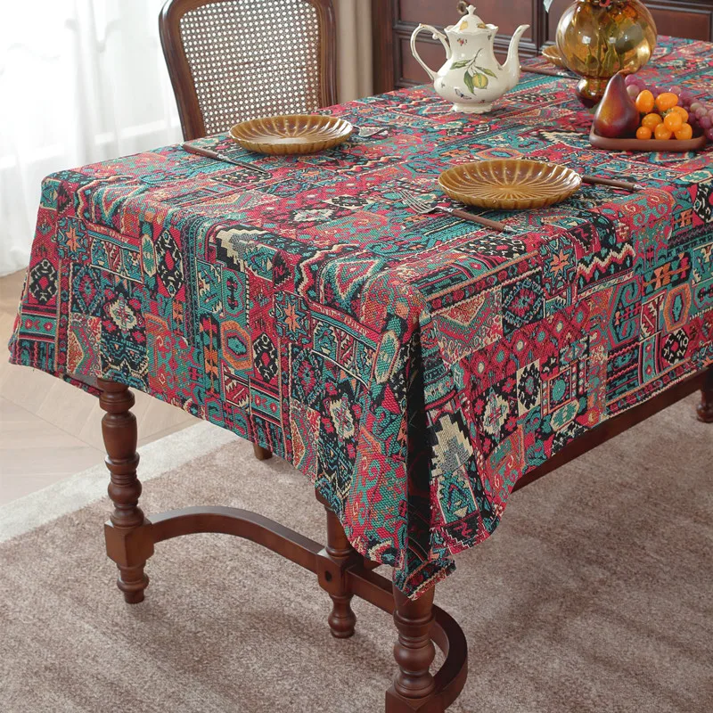 American Retro Polyester-cotton Yarn-dyed Jacquard Bohemian Flower Geometric Tablecloth Rectangular Coffee Table CoverTablecloth