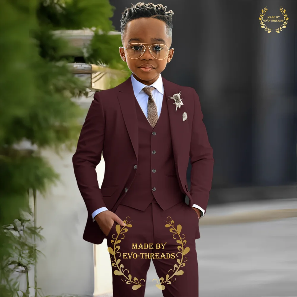 

Formal boy suit 3 PCS jacket vest pants set burgundy notch lapel attire for wedding pageboy school prom graduation party tuxedo