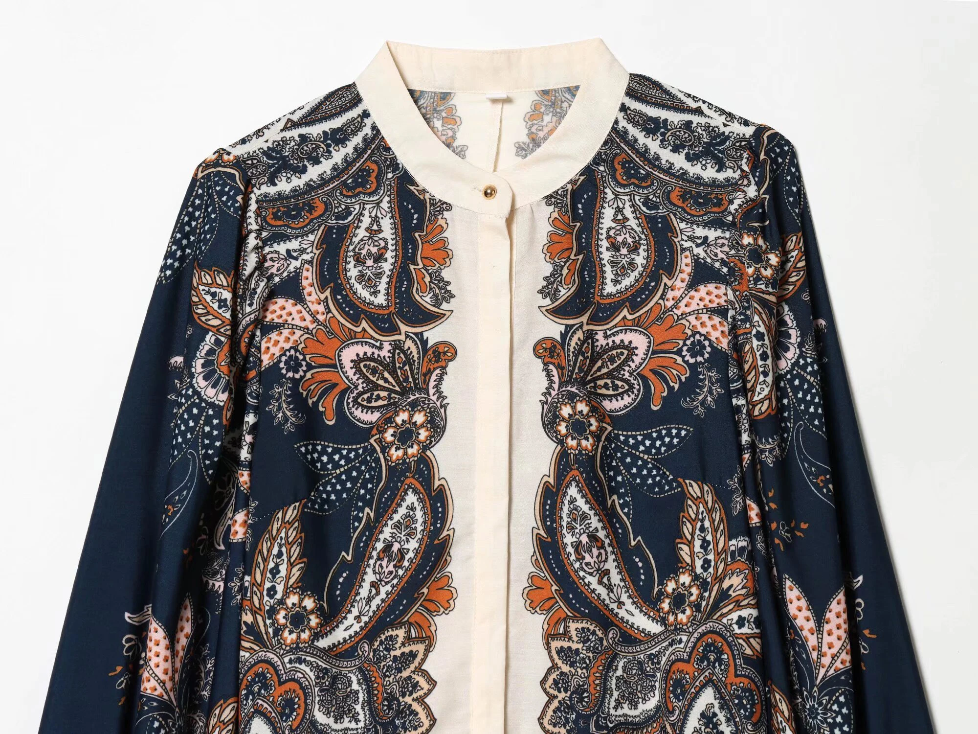 2026 primavera feminino estilo chinês gola alta manga longa impresso em camadas emenda saia larga midi vestido