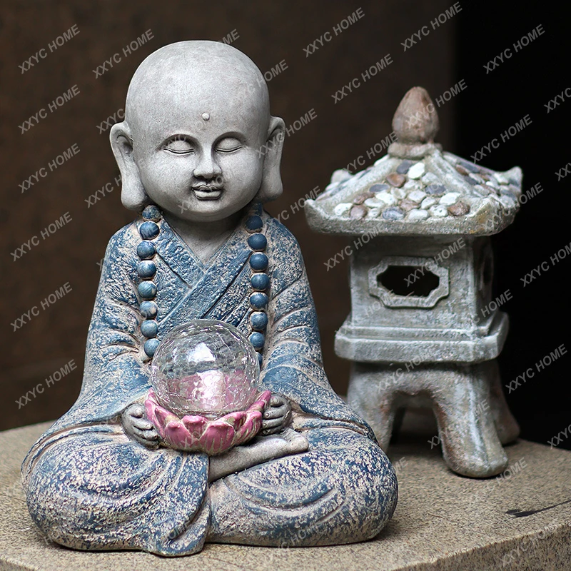 

Solar Light Outdoor Samanera Buddha Statue Chinese Garden Courtyard Layout Balcony Furnishings & Decoration Zen Ornament