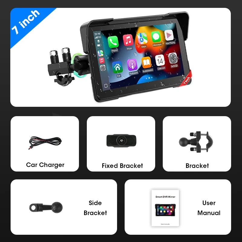 Draagbare 7 "IPX7 Waterdichte Motornavigatie GPS DVR Android Auto Carplay Scherm voor Moto Camera's Video Recorder BT Monitor