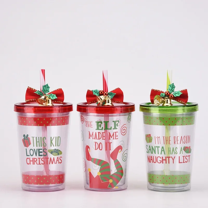 2024 new European and American Christmas double-layer plastic straw water cup bell Christmas gift unisex cup