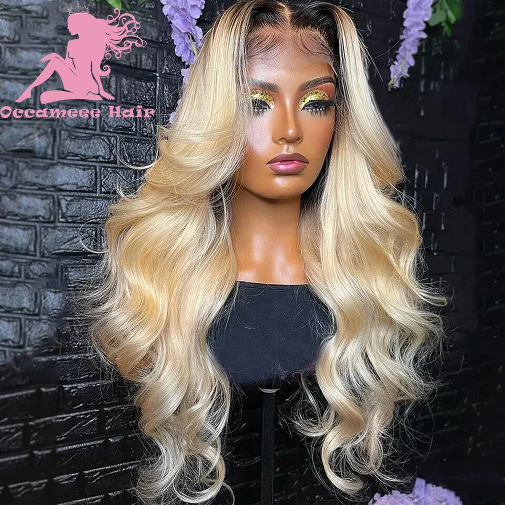 Human Hair Lace Frontal Wig Brown Ombre Blonde Colored Wigs For Women Natural wave Brazilian Hair Transparent Full Lace  wig