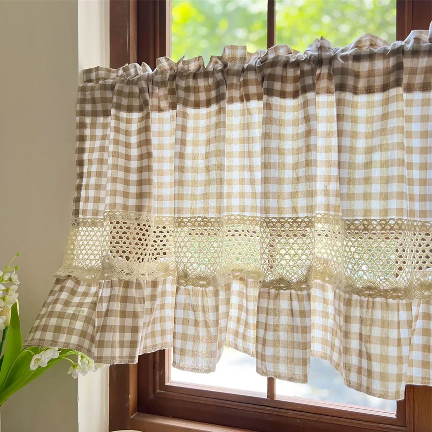 Beige Gingham Cafe Curtain Crochet Lace Trim Light Filtering Window Valance for Kitchen Dining Nook Farmhouse Vintage Home Decor