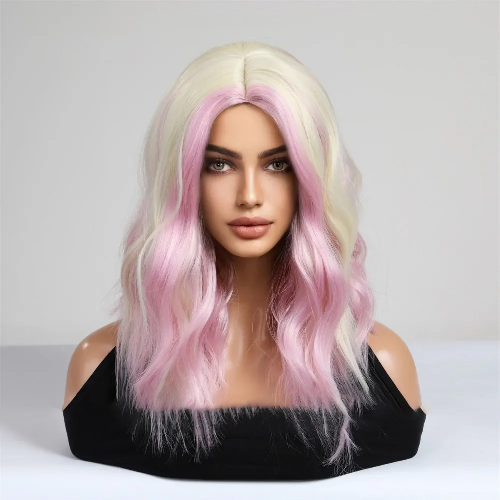 Y2K Synthetic wig Water Ripple Highlighte Halve Split Short Curly Wig Nature Realistic Full Cover Head