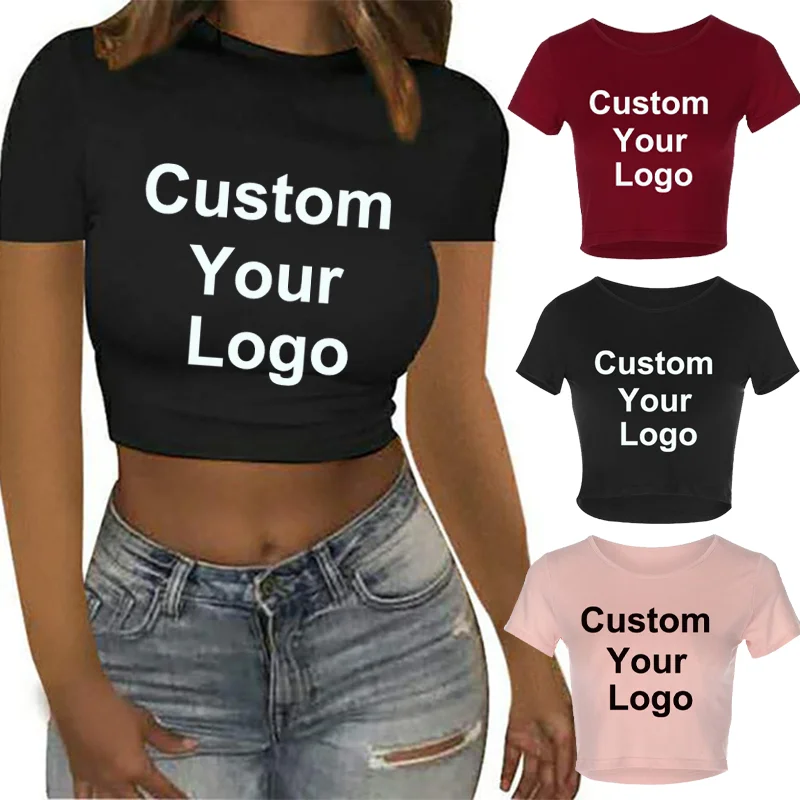 

New Fashion Women's Customize Your Logo Casual Round Neck Bottoming Fitness Sexy High Elasticity Crop T-shirt Tops