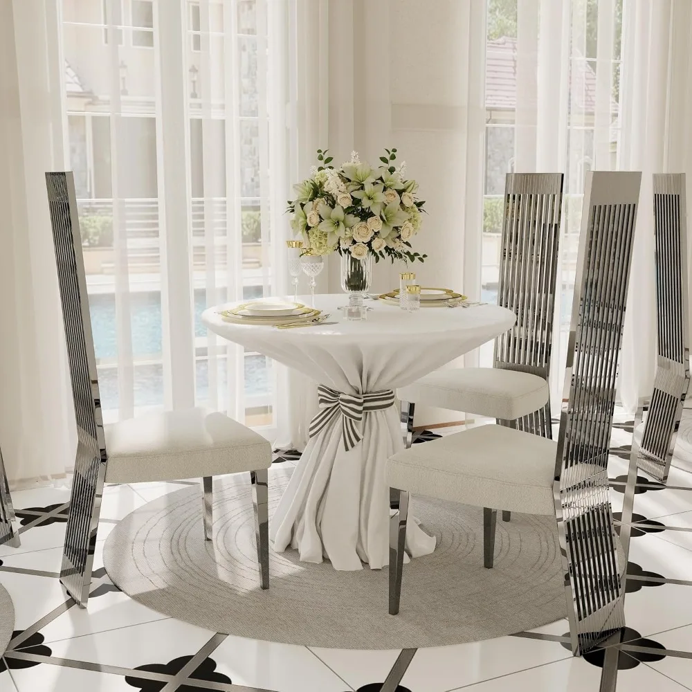 Modern Upholstered High Back Dining Chairs Set of 2, White and Silver, Stainless Steel Legs, Contemporary Style