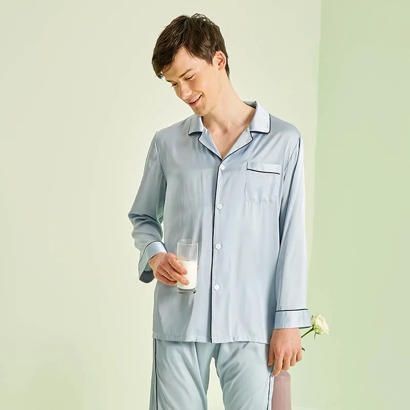 Conjunto pijama solto de cetim masculino, cardigans de mangas compridas, calça, roupa de casa, pijamas casuais, primavera e outono