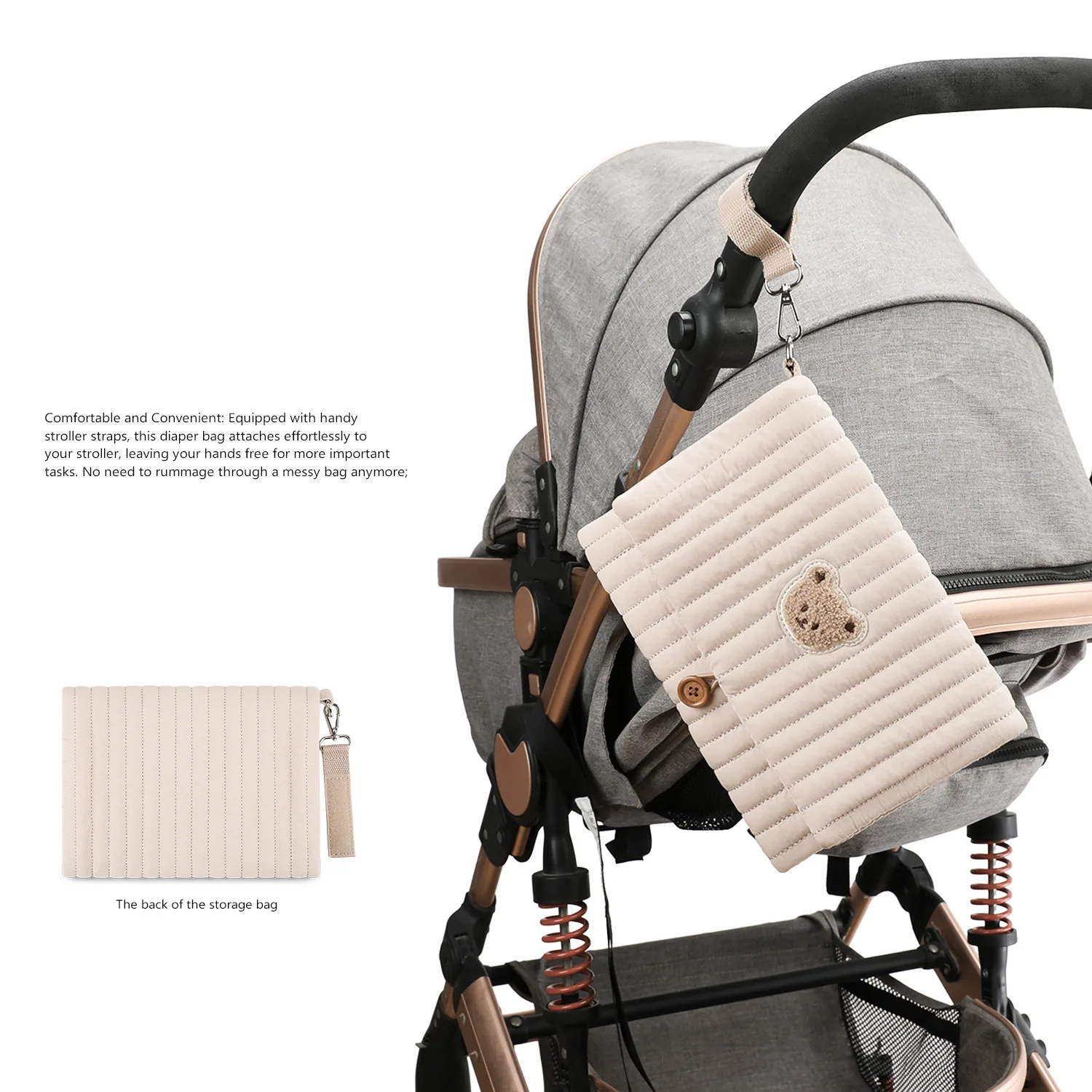 Foldable Hanging Diaper Organizer Bag - Multi-Compartment Essentials Storage Pouch with Wipe Holder & Diaper Pocket