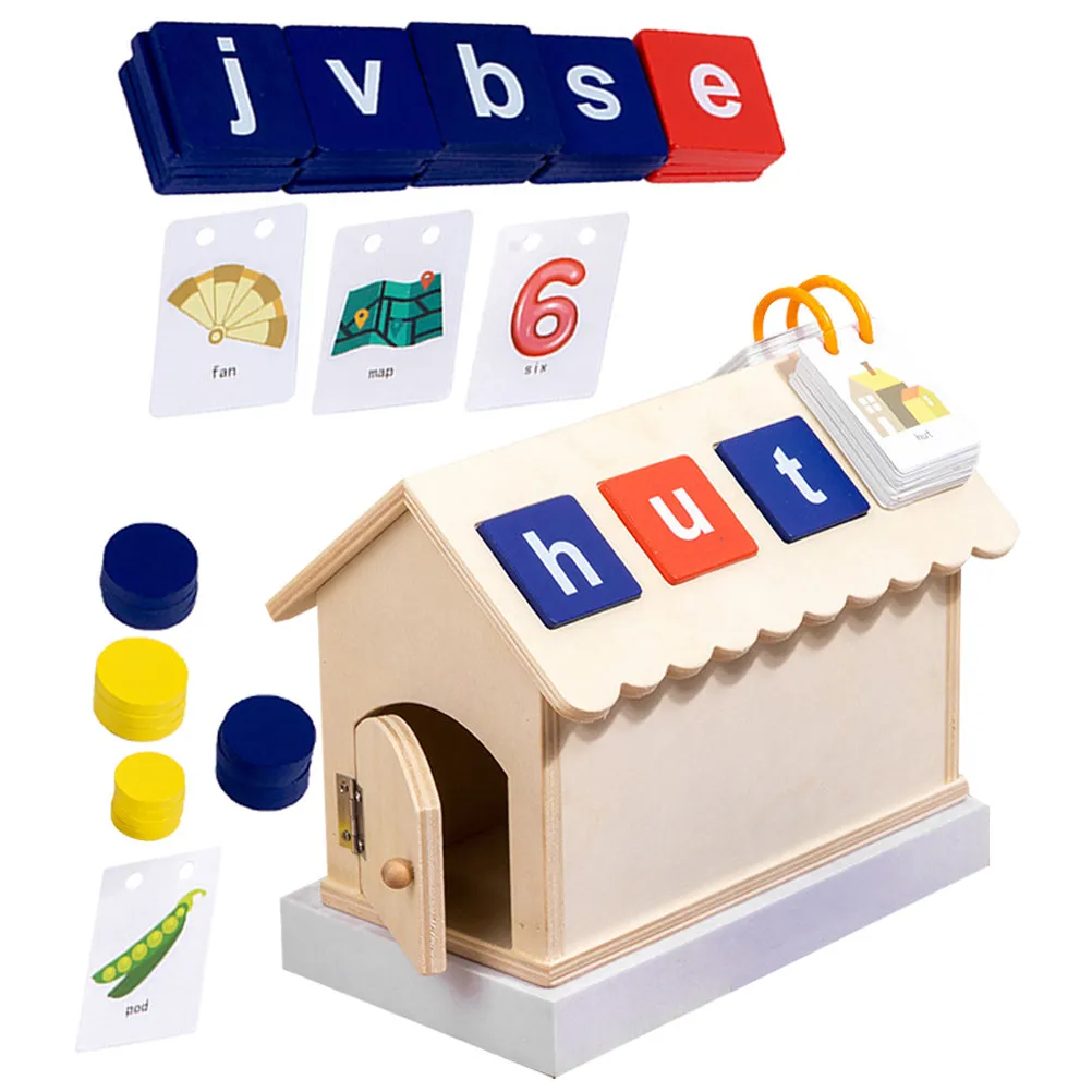 1Set English Alphabet Spelling Game Kids Educational Tool Wooden Letter Cabin Learning Plaything Memory Coordination Development