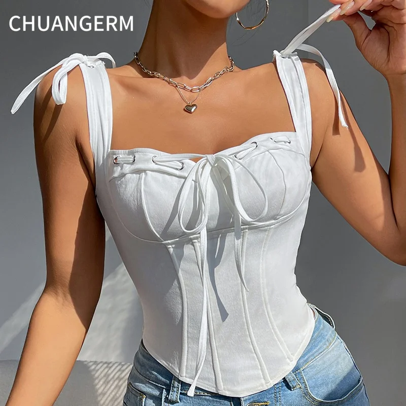 CHUANGERM Sexy V Neck Drawstring Bustier Corset Top Women Backless Y2K Crop Tank Slim Bodyshaper Party Street Feminino
