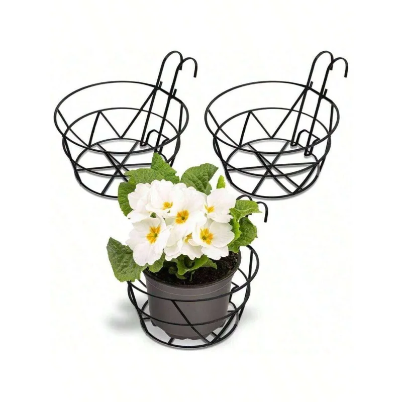 

3 Pack Railing Planter Holders, 10 Round Iron Hanging Fence Pot Basket, Over Rail Indoor Outdoor Plant Hanger Rack.
