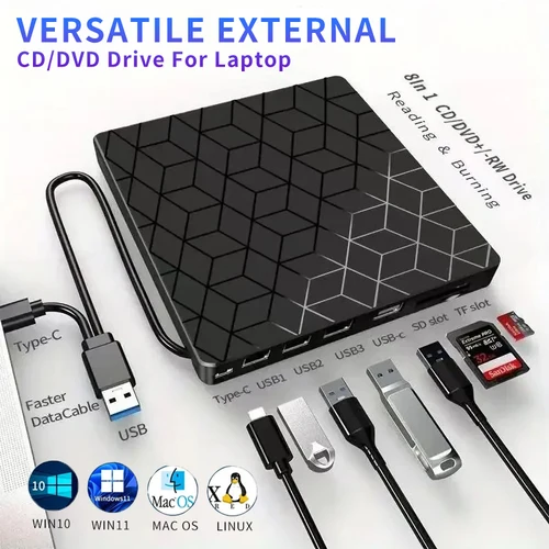 Reproductor de CD externo 7 en 1, grabador de DVD USB3.0 y unidad óptica tipo C, grabadora de CD RW DVD, lector portátil para ordenador portátil y de escritorio