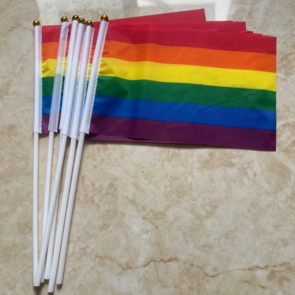 pack 14*21cmLGBT Pride small flag Rainbow Hand flag Plastic flagpole sports parade decoration